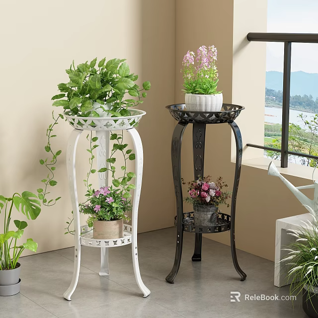 Decorative Indoor Plant Stands White And Black Metal Multi Tiered With Potted Plants 3d model 