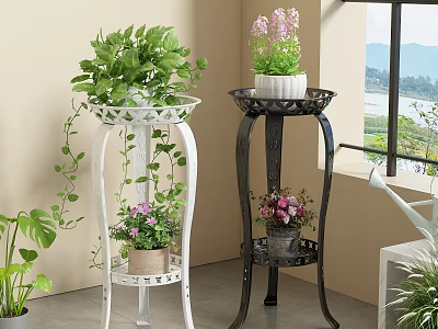 Decorative Indoor Plant Stands White And Black Metal Multi Tiered With Potted Plants 3d model