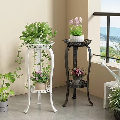 Decorative Indoor Plant Stands White And Black Metal Multi Tiered With Potted Plants 3d model