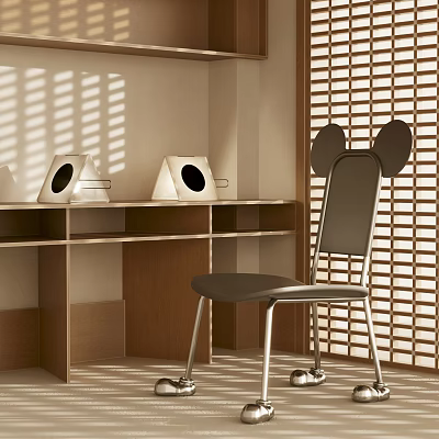 Wooden Desk With Mickey Ear Chair And White Decorative Items By Blinds Light Shadows 3d model