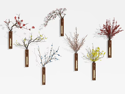 Colorful Flower Branch Wall Hangings With Wooden Base And Metal Accents 3d model