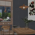 Japanese Style Restaurant Interior With Wooden Ceiling Hanging Lanterns Bar Counter And Green Plants View