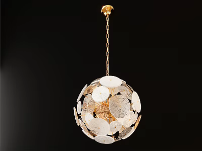 Elegant Modern Spherical Pendant Light With Gold Chain And White Decorative Discs 3d model