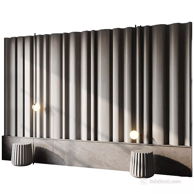 Modern Gray Textured Wall Design With Vertical Slats And Hanging Pendant Lights 3d model 
