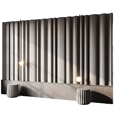Modern Gray Textured Wall Design With Vertical Slats And Hanging Pendant Lights 3d model
