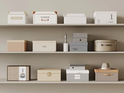 Stylish Storage Boxes With Different Designs On White Shelves For Home Organization 3d model