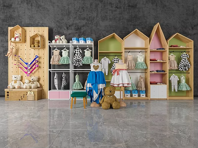 Cute Children's Clothes Display With Wooden House Shaped Racks Various Styles And Teddy Bears 3d model
