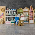 Cute Children's Clothes Display With Wooden House Shaped Racks Various Styles And Teddy Bears