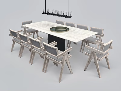 Rectangular Light Wood Dining Table Set With Circular Center Gray Chairs And Black Chandelier 3d model