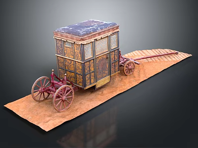 Antique Decorative Carriage With Wooden Body Red Wheels And Ornate Roof 3d model