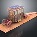 Antique Decorative Carriage With Wooden Body Red Wheels And Ornate Roof