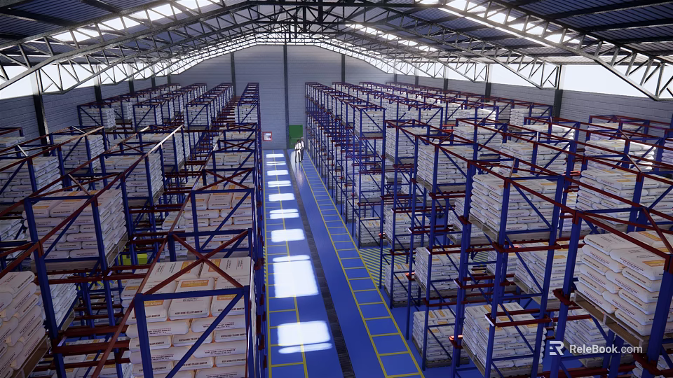 Modern Industrial Warehouse Storage Racks With Yellow Aisle And Stacked Goods 3d model 