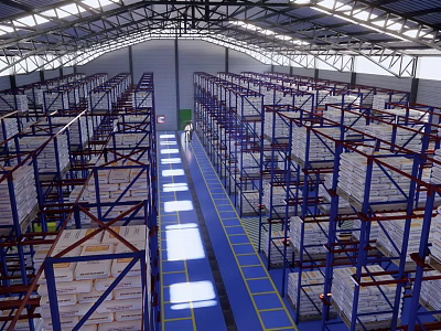 Modern Industrial Warehouse Storage Racks With Yellow Aisle And Stacked Goods 3d model