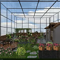 Garden Landscape in Glasshouse Featuring Small House Pond Lush Plants Wooden Deck and Seating Area