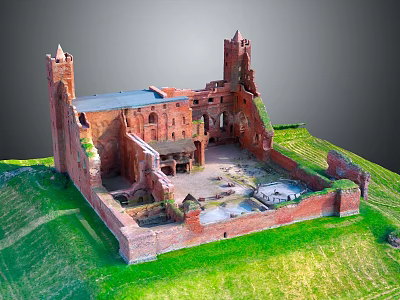 Cartoon Scenic Red Brick Castle Ruins With Towers On Green Grass Aerial View 3d model
