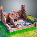Cartoon Scenic Red Brick Castle Ruins With Towers On Green Grass Aerial View