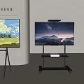 Televisions on Modern Stands with Scenic Landscape and Text Screen Displays