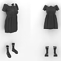 Women's Fashionable Black Short Sleeved Dresses And Sock Boots Set