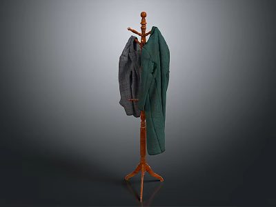 Wooden Coat Rack with Tripod Base Hanging Green and Gray Coats 3d model