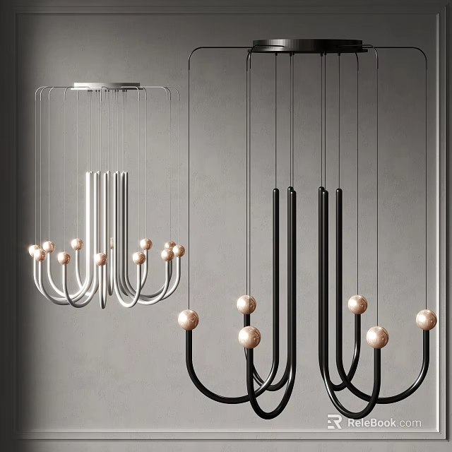 Modern Silver and Black Curved Hanging Chandelier with Pearl Decorative Balls 3d model 