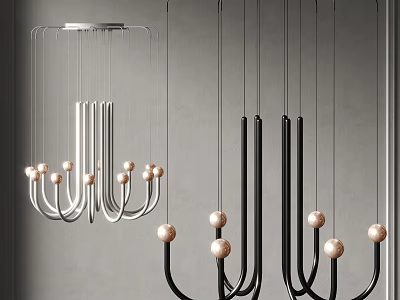 Modern Silver and Black Curved Hanging Chandelier with Pearl Decorative Balls 3d model