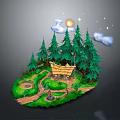 Scenic Island Landscape with Tall Pine Trees Thatched Cottage Path Grass Sun Clouds and Stars