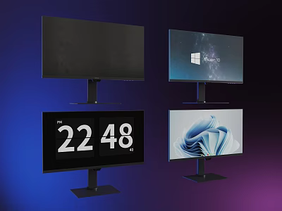 Multiple Computer Monitors Showcasing Various Display Contents Like Time Windows Interface And Abstract Wallpaper 3d model