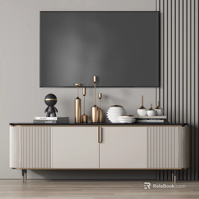 Modern TV Stand With White And Gold Design Large Screen TV And Decorative Items 3d model 