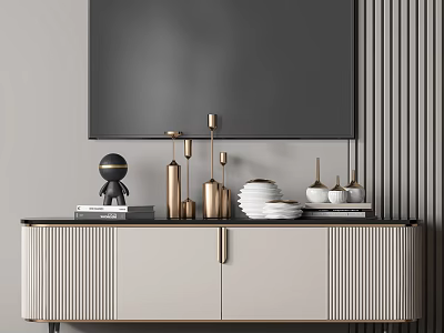 Modern TV Stand With White And Gold Design Large Screen TV And Decorative Items 3d model
