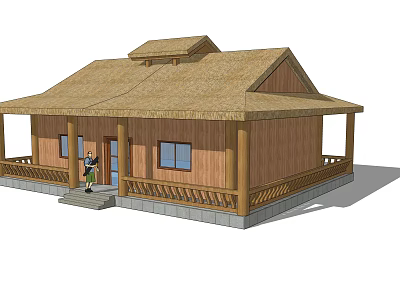 Traditional Wooden House With Thatched Roof Porch Steps And Wooden Structure Design 3d model