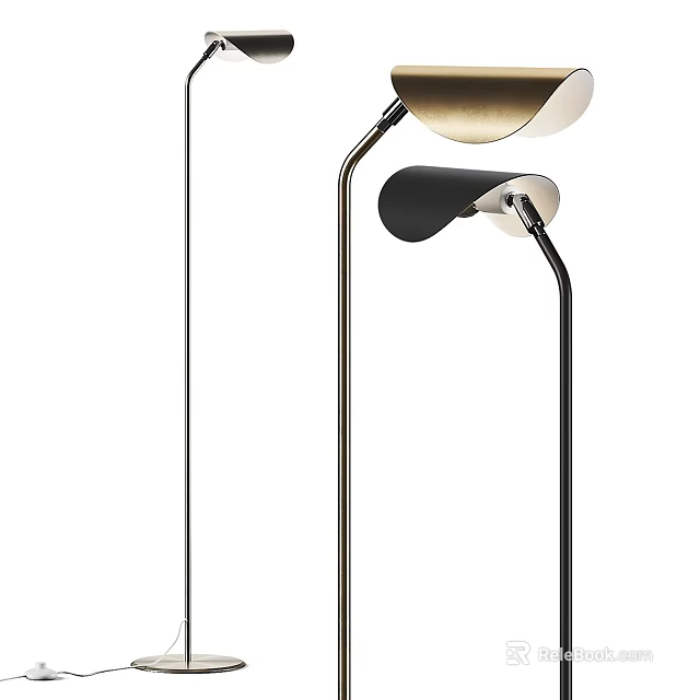 Sleek Modern Floor Lamp Design With Curved Metal Arm And Black Shade For Living Space 3d model 