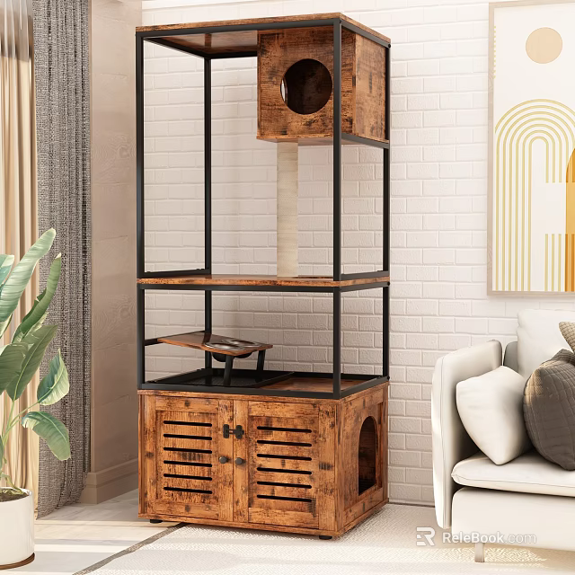 Wooden Cat Tree with Black Metal Frame Multi Layer Platforms and Cat Hole Design 3d model