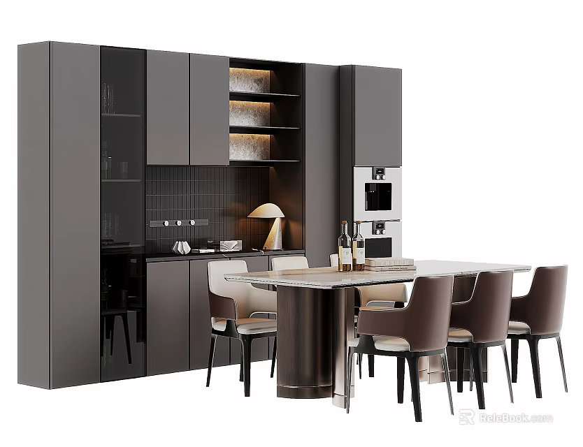 Modern Dining Table Set With Dark Kitchen Cabinets Oven And Marble Countertop Design 3d model