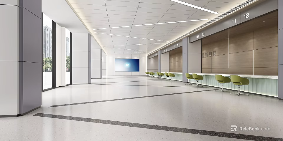 Modern Public Service Hall Interior With Spacious Waiting Area Comfortable Green Chairs And Digital Screens 3d model 