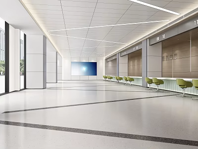 Modern Public Service Hall Interior With Spacious Waiting Area Comfortable Green Chairs And Digital Screens 3d model