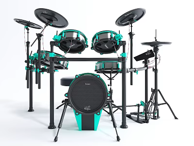 Professional Modern Electronic Drum Set With Green Accents And Complete Kit 3d model