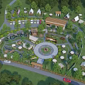 Scenic Camping Site Featuring Multiple Tents Circular Fire Pit Wooded Area and Outdoor Seating