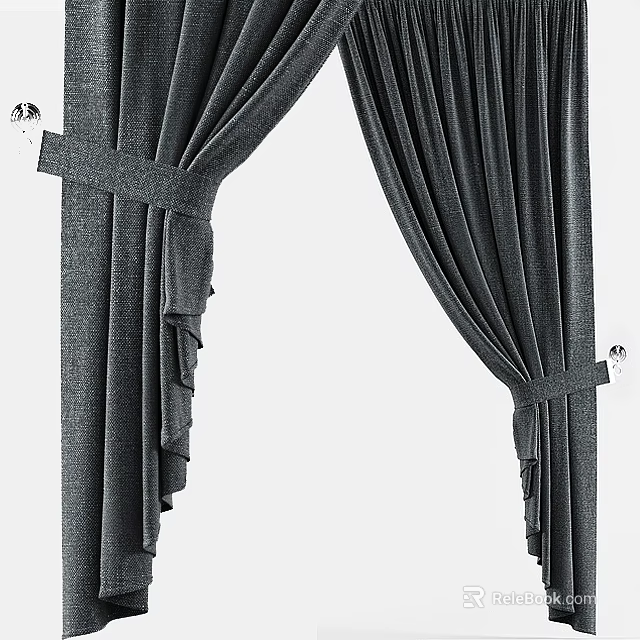 Dark Gray Curtains With Textured Fabric And Elegant Tiebacks For Modern Room 3d model 