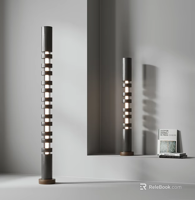 Two Floor Lamps With Square Cutout Design And Glowing Bulbs Beside Books Against Gray Wall 3d model 