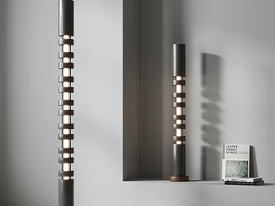 Two Floor Lamps With Square Cutout Design And Glowing Bulbs Beside Books Against Gray Wall 3d model