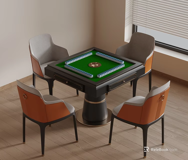 Modern Entertainment Table With Green Surface Mahjong Tiles And Four Gray Orange Chairs 3d model 