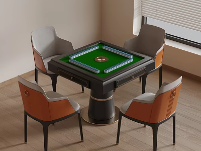 Modern Entertainment Table With Green Surface Mahjong Tiles And Four Gray Orange Chairs 3d model