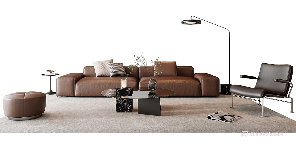 Brown Leather Sofa And Modern Coffee Table Set With Floor Lamp And Rug 3d model 