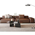 Brown Leather Sofa And Modern Coffee Table Set With Floor Lamp And Rug