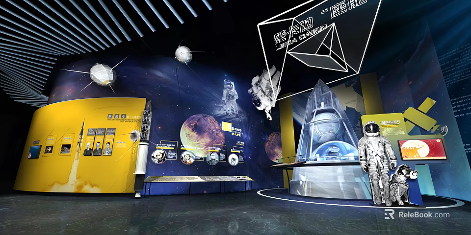 Space Exhibition Featuring Astronaut Model Rocket Display And Planets Background 3d model 