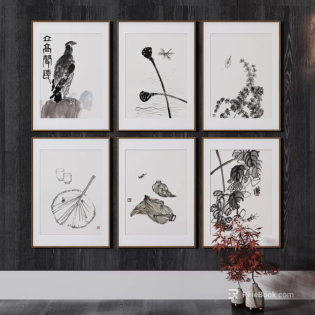 Traditional Chinese Ink Paintings with Eagle Lotus Dragonfly and Plant Wall Art Decor 3d model 