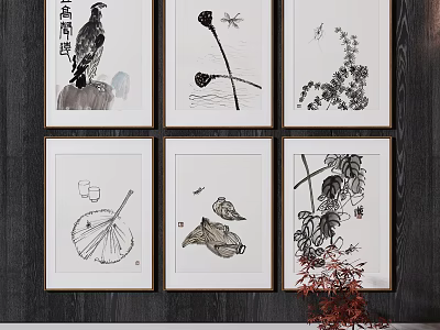 Traditional Chinese Ink Paintings with Eagle Lotus Dragonfly and Plant Wall Art Decor 3d model