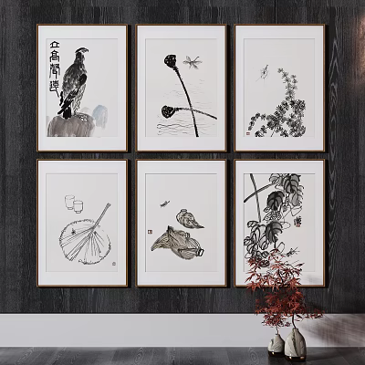 Traditional Chinese Ink Paintings with Eagle Lotus Dragonfly and Plant Wall Art Decor 3d model