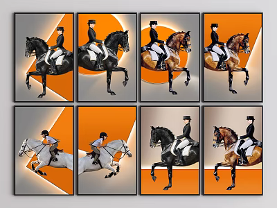 Equestrian Themed Animal Paintings With Riders Horses And Geometric Orange Gray Backgrounds 3d model
