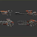 Sci Fi Weapons Design With Orange Gray Color And Green Glowing Elements 3d model